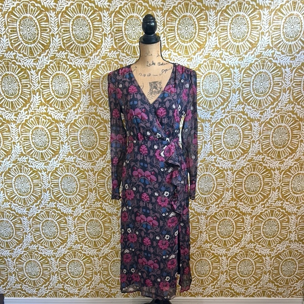 PAIGE Ledara Floral Silk Long Sleeve Faux Wrap Midi Dress in Black Multi Sz XS - Picture 8 of 14